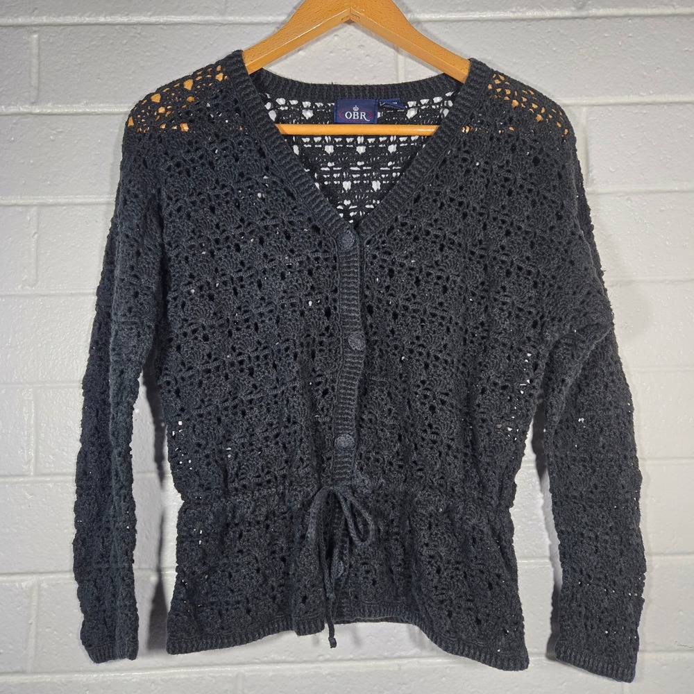 Vtg OBR Crochet Cardigan Sweater Medium Oversized Ramie Cotton‎ Adademia Boho